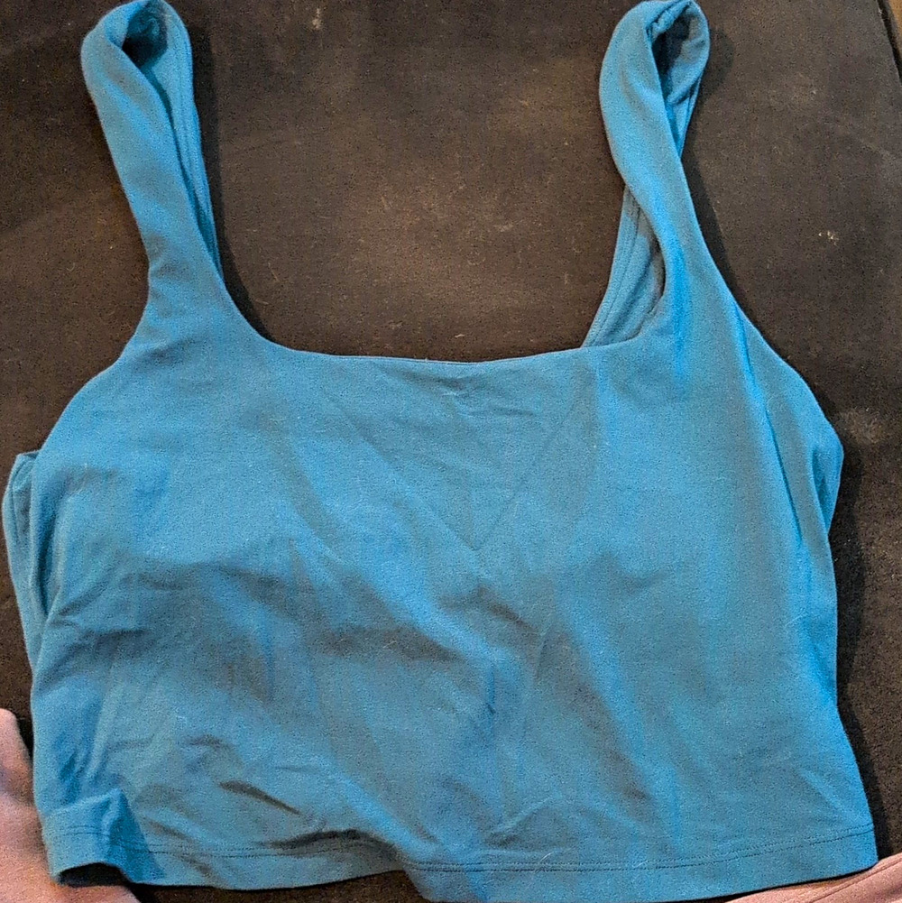 Athleta Blue Solid Wireless Pullover Activewear Sports Bra Logo XL Nylon